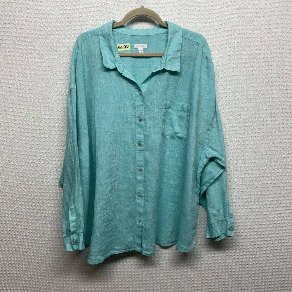 J Jill Shirt 4X 100% Linen Blue Lagoon Button Down Essential Blouse Minimalist